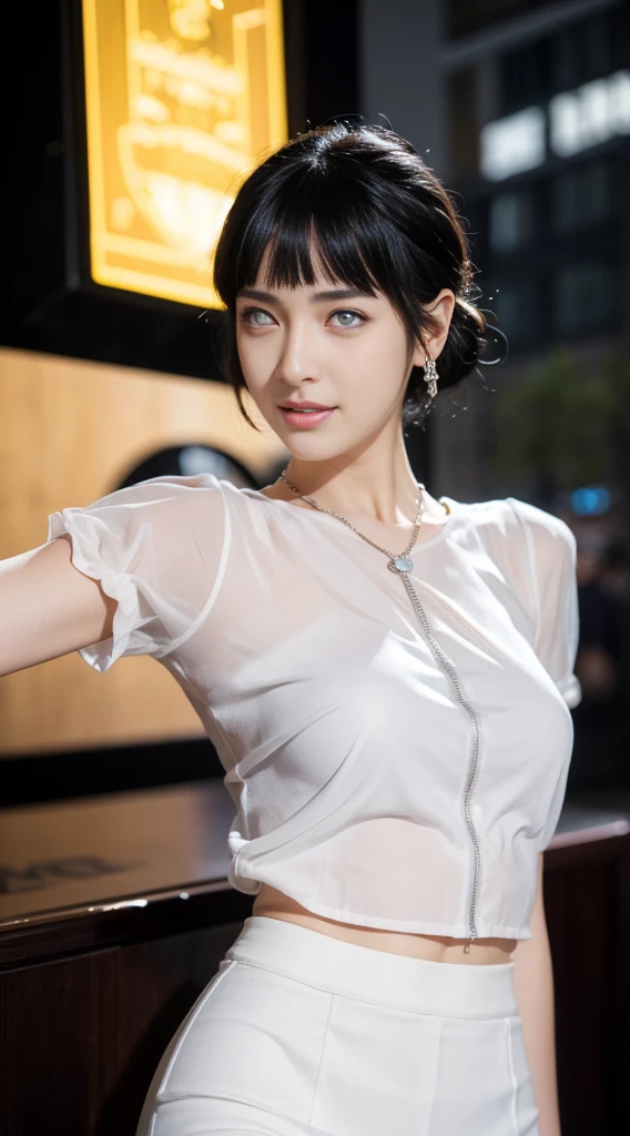 8k, masterpiece, RAW photo, best quality, photorealistic, extremely detailed CG unity 8k wallpaper, Depth of field, Cinematic Light, Lens Flare, Ray tracing, (extremely beautiful face, beautiful lips, beautiful eyes), intricate detail face, ((ultra detailed skin)) 1girl, in the dark, deep shadow, pretty hinata hyuga,(very slim slender fit-muscled body:1.3), ((looking at viewer)),(big smile:1.3), (night, (neon sign), (blurry background), midnight, (without people in the background:1.3), white diamond earrings, bracelets, necklace, clear eyes, walking , front shot, (pale skin), face forward, (big eyes), full body shot, ((see through blouse)), (hot pink color blouse)), ((laced skirt)), (looking at viewer:1.3), very slim, huge breasts, no bra,Hermes bag, mini skirt, updo hair, short hair, teeth