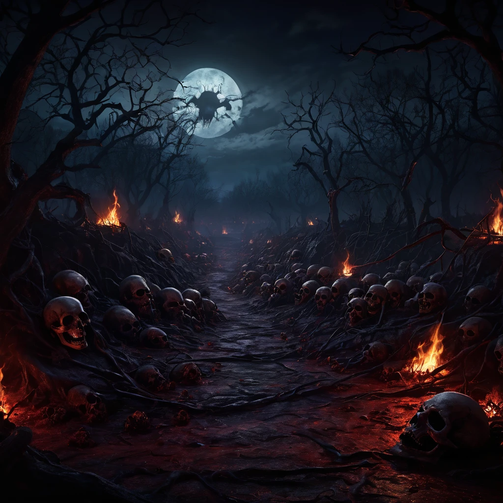 (Night Landscape), Horror, Haunted, Corpses, Skulls, Image Depicting Hell, Necronomicon, Image Style Painting, Realistic, Shadows, HD, High Quality, Cinematic  