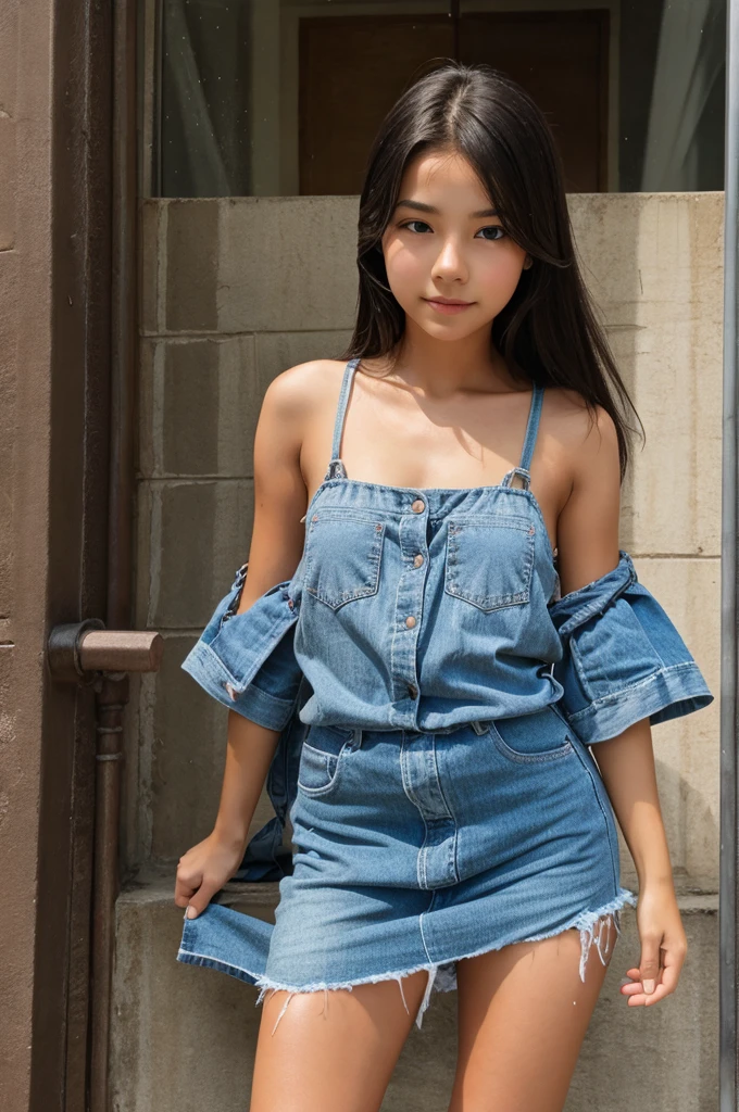 girl standing wearing jeans short dress, asian beautiful eyes with arab fed face, one apple tree next to girl, rice field background, 