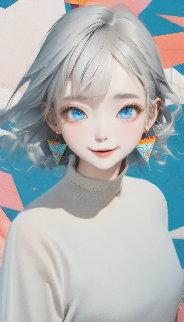 quality\(8K,非常に精細なCGユニットのwallpaper, masterpiece,High resolution,top-quality,top-quality real texture skin,Surreal,Increase the resolution,RAW Photos,最高quality,Very detailed,wallpaper\),BREAK、Minimalist,Stylish girl,Gray Hair,Blue background,Wear special earrings,Bohemian style,Defined eyelashes,Bright Blue Eyes,clean通透的眼珠,close,Smiling face flat illustration,geometry,clean,Japanese Manga