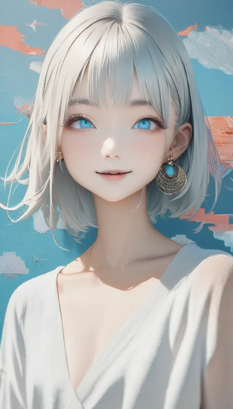 quality\(8K,非常に精細なCGユニットのwallpaper, masterpiece,High resolution,top-quality,top-quality real texture skin,Surreal,Increase the resolution,RAW Photos,最高quality,Very detailed,wallpaper\),BREAK、Minimalist，Stylish girl，Gray Hair，Blue background，Wear special earrings，Bohemian style，Defined eyelashes，Bright Blue Eyes，clean通透的眼珠，close，Smiling face flat illustration，geometry，clean，Japanese Manga