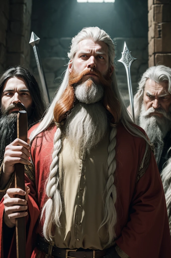 A group of 4 kings gather at the head of their armies after the battle.
The 1st king is older and has long silvery-white hair and a low, silvery-white beard, In his hands he holds a white flail with a blue tip.
The second king is very fat and has a beard and brown hair., have rosier cheeks, in his hands he holds a war hammer.
The third king has a grumpy face, has long red hair and a trimmed red beard, holds in his hands a bloody ax The fourth king is a little taller, has long black hair, no beard and paler skin, holds in his hands a shining green sword.
In the background a crystal kingdom.