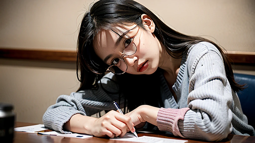 1girl, Studying .night、Glasses
