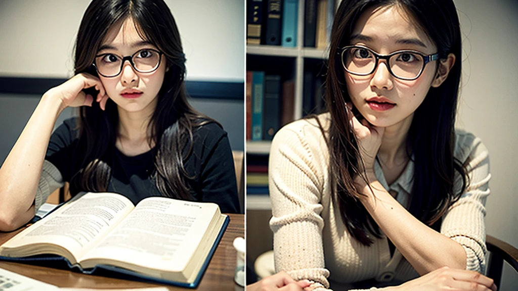 1girl, Studying .night、Glasses
