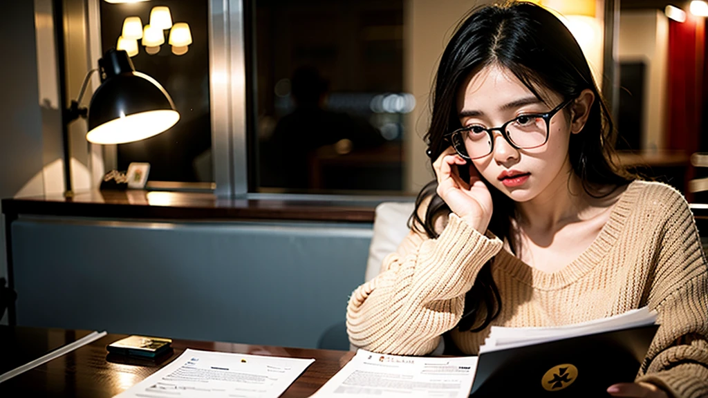 1girl, Studying .night、Glasses
