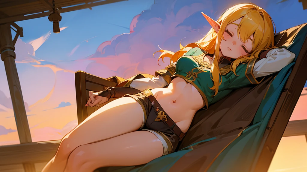 Anime Style,Nostalgic,Detailed background,The medieval world,A lively bar with lots of people,Beautiful sky,Sleeping bard beautiful elf girl,Thighs and navel in shorts