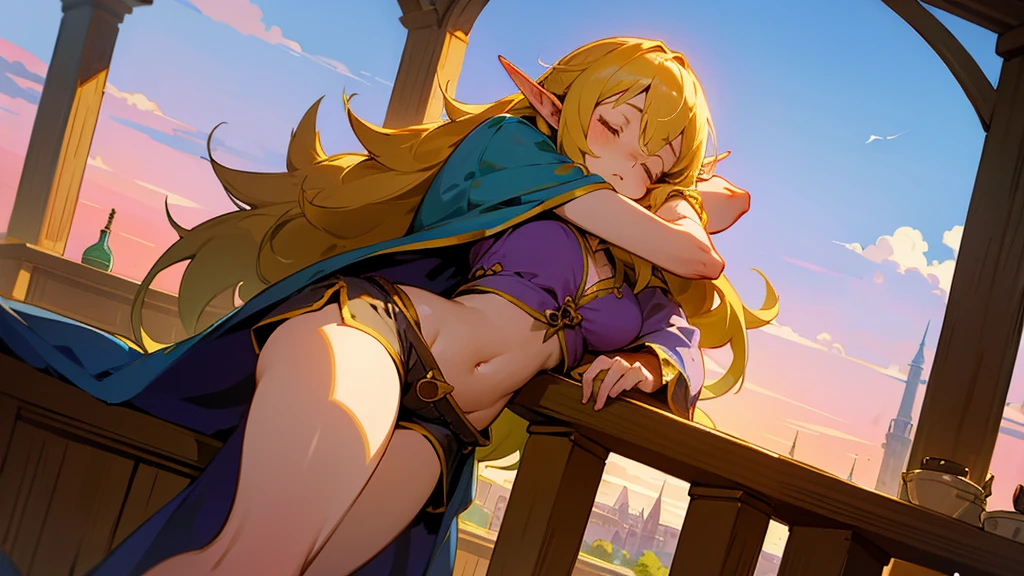 Anime Style,Nostalgic,Detailed background,The medieval world,A lively bar with lots of people,Beautiful sky,Sleeping bard beautiful elf girl,Thighs and navel in shorts