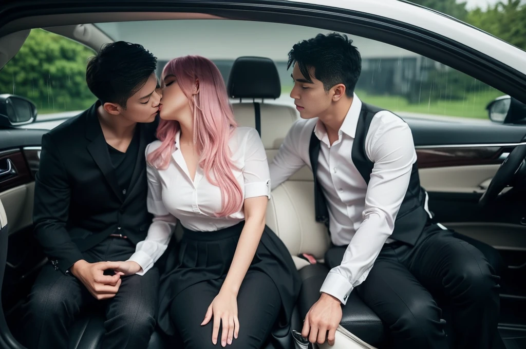 masterpiece, Highest quality, Very detailed, figure, Beautiful attention to detail, close, With boys and girls. She had pink hair, White pleated shirt, The button on the chest is broken, skirt. The boy has black hair, Black suit, Black trousers. Boy and girl kissing in a car, Heavy rain weather