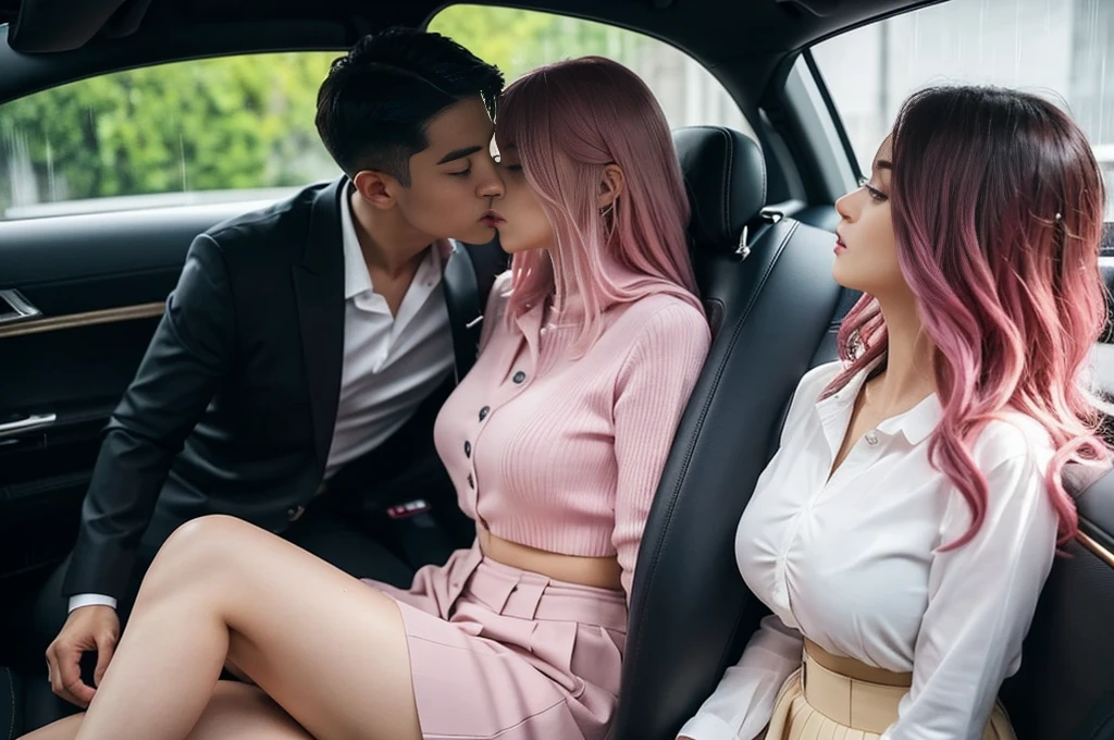 masterpiece, Highest quality, Very detailed, figure, Beautiful attention to detail, close, With boys and girls. She had pink hair, White pleated shirt, The button on the chest is broken, skirt. The boy has black hair, Black suit, Black trousers. Boy and girl kissing in a car, Heavy rain weather