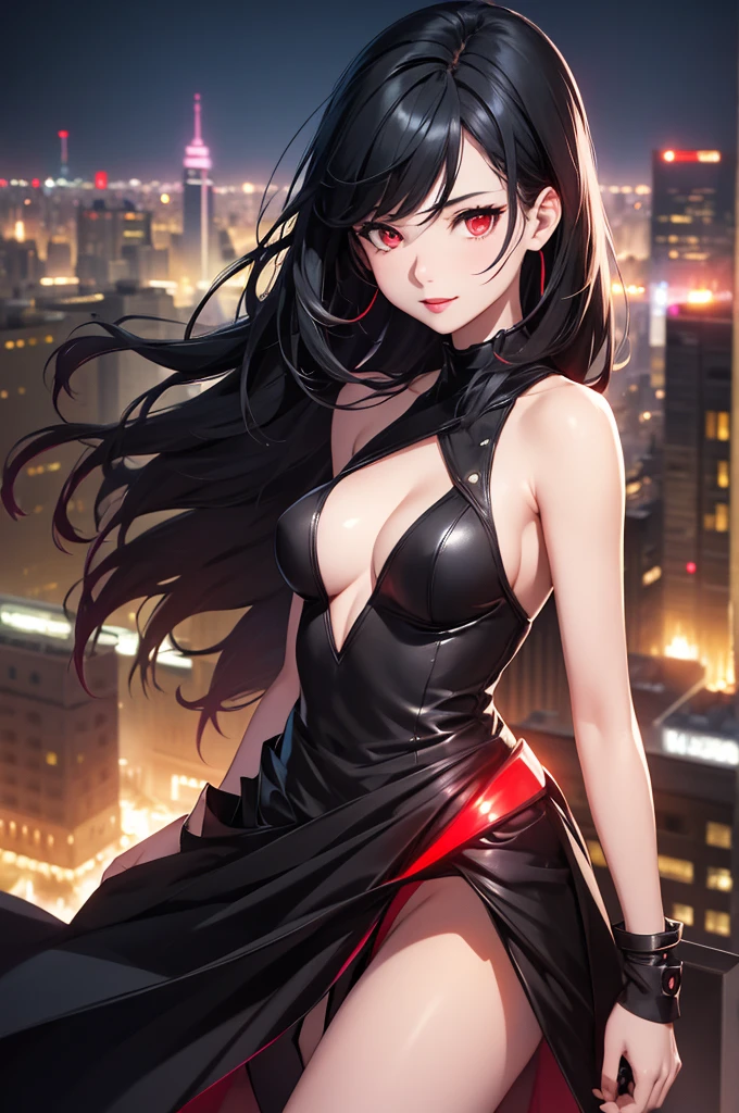 最high resolution,high resolution,Legendary Assassin, Beautiful Teenage Woman,Small breasts, Complicated Dress, Fearless smile, Red lips, Black Hair（Gradation）, Red eyes, realism, Night city view from the top of a skyscraper,Neon Town,Digital Painting, Concept Art, Smooth, Sharp focus, Three-part method, Style Psycho