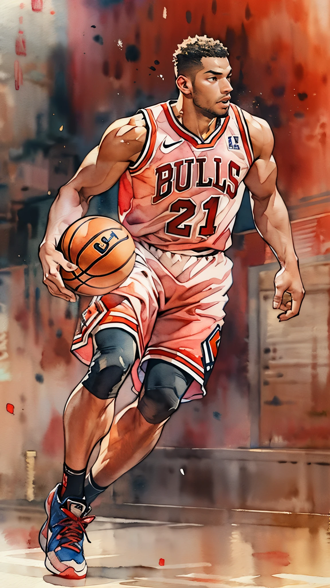 (masterpiece:1.2, Highest quality),(Very detailed),(((watercolor))),8K,wallpaper,(Chicago Bulls Uniforms),(Basketball shoes),28 years old,Black basketball players,Dunk Shot,(((front))),(((whole body:1.5))),(Severe),((Detailed hand drawing)),(透明watercolor),(((ダイナミックなDunk Shot)))