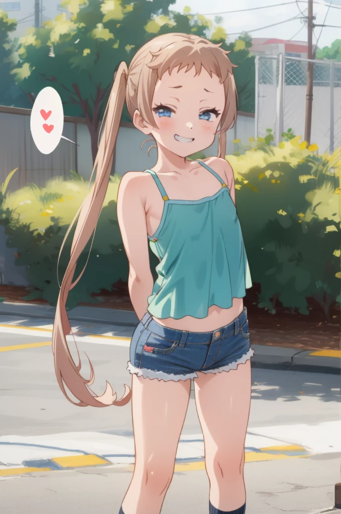 1girl,  sanae dekomori,  speech bubble,,,looking viewer,,spoken heart,6yo,(petite),flat chest,grin,outdoor,camisole,denim shorts,socks,(nsfw),standing,arms behind back