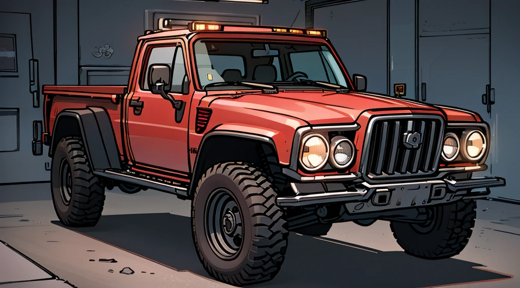 ((Best Quality)), ((masterpiece)), Highly detailed, 8K, red 6x6 heavy pickup truck, red dirty matte paint, square headlights, boxy angles, boxy 80s design, square headlights, (peterbilt influence:0.7), bright showroom, plain mesa background, cel-shaded, line art, bold black outlines, comic style, inkpunk, bright photoshoot lighting, ((isometric symmetry:1.2))