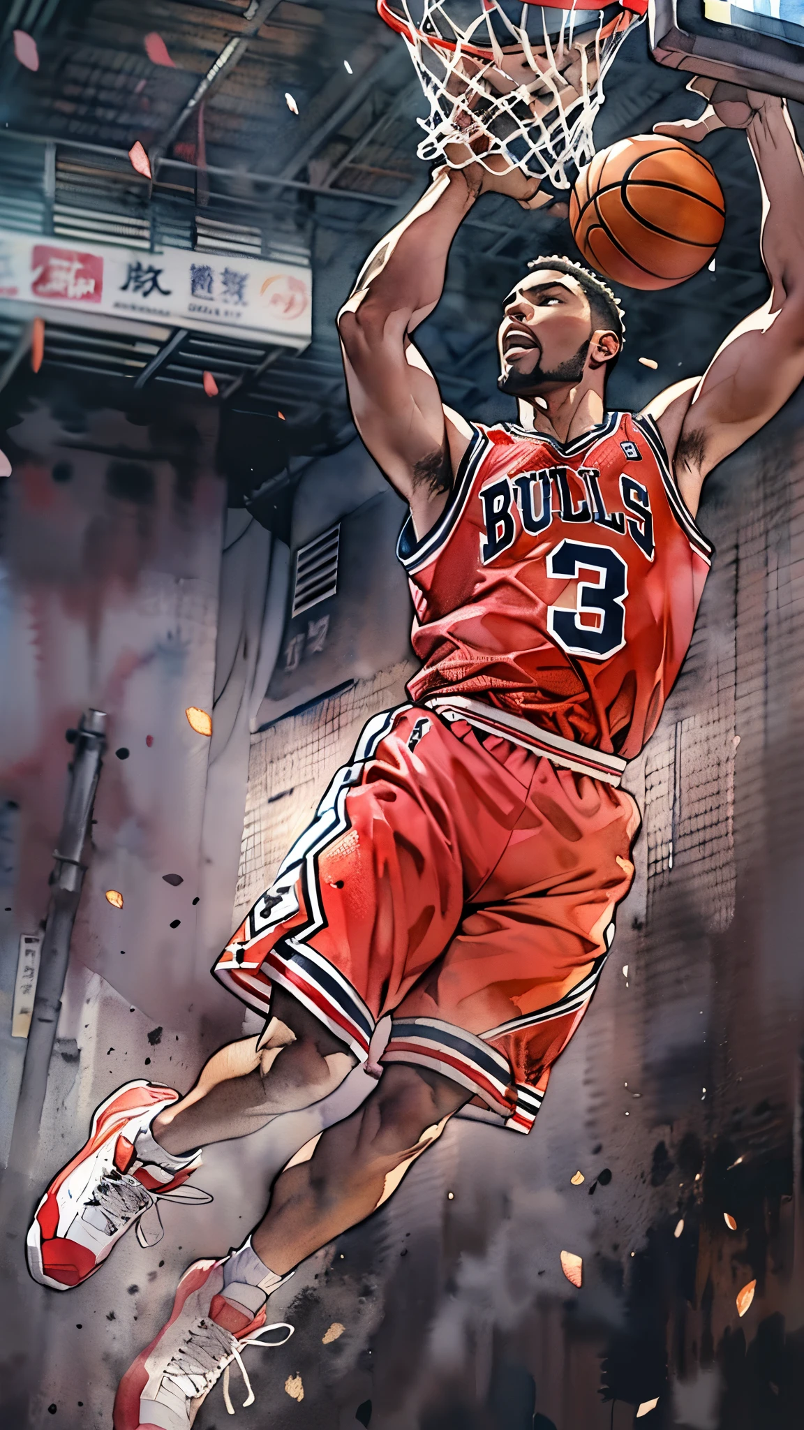 (masterpiece:1.2, Highest quality),(Very detailed),(((watercolor))),8K,wallpaper,(Chicago Bulls Uniforms),(Basketball shoes),28 years old,Black basketball players,Dunk Shot,(((front))),(((whole body:1.5))),(Severe),((Detailed hand drawing)),(透明watercolor),(((ダイナミックなDunk Shot)))