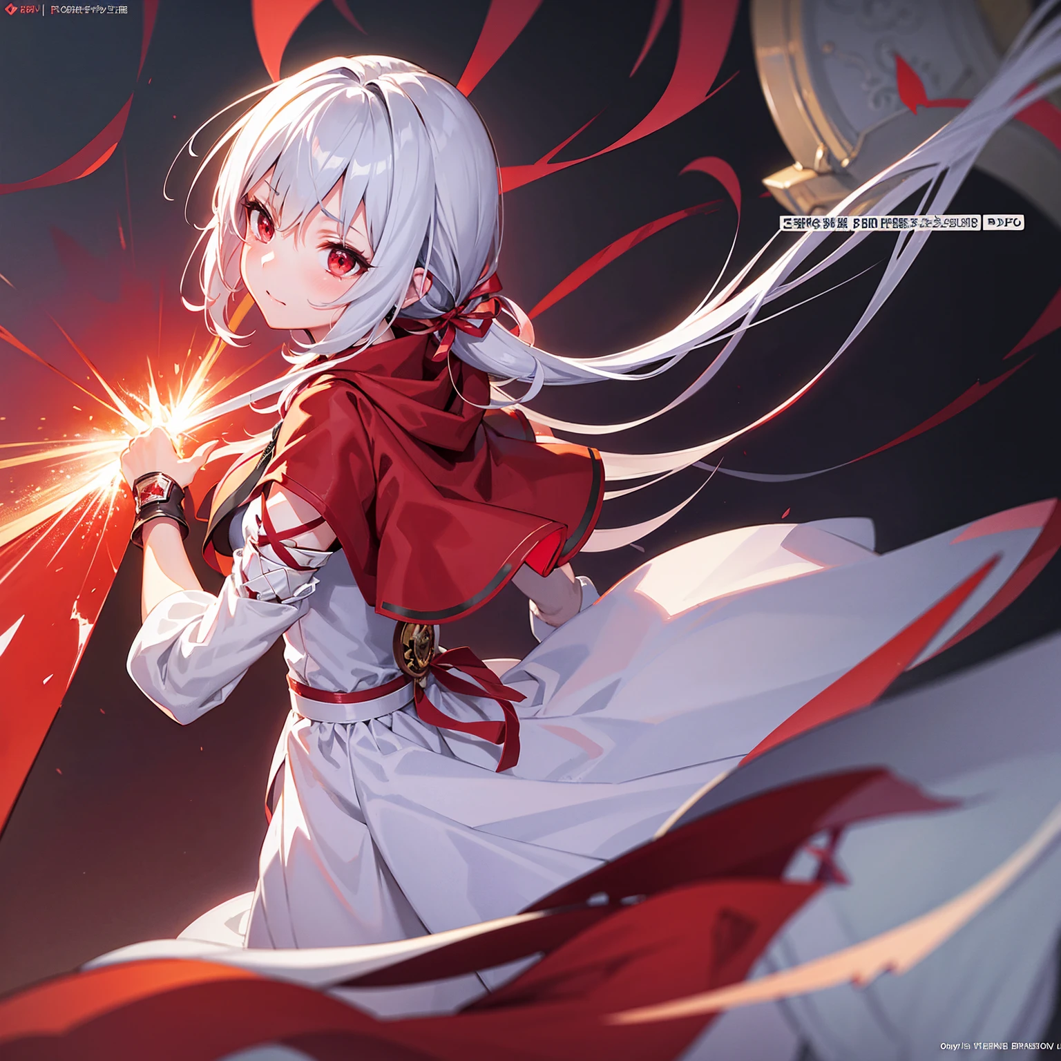 Wearing a red and white dress、anime girl holding sword, Highly detailed official artwork, Epic Light Novel Cover Art, epic Light novel cover art, Silver and red armor, guweiz on pixiv artstation, Anime style 4K, Detailed key animation art, Light novel cover art, Anime Fantasy Artwork,White hair and red eyes,Side Ponytail,Waist-length hair,1 Girl,Portraiture