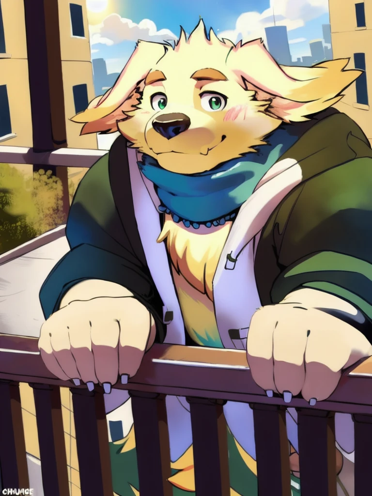 cu sith \(tas\), bird dog, canid, canine, canis, domestic dog, golden retriever, hunting dog, mammal, retriever, anthro, city, clothing, floppy ears, fur, green eyes, hoodie, male, scarf, slightly chubby, solo, topwear, wristband, yellow body, yellow fur, arms over balcony, pondering, looking at sky, leaning towards balcony, clear sky, sun ray, on top of a building, arms on railing, arms holding head, bending arms,  facing away from viewer, angled view, face pov, face focus, close-up, headshot portrait, holding human  by chunie, by null-ghost, by darkgem, 
