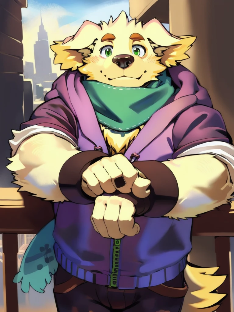 cu sith \(tas\), bird dog, canid, canine, canis, domestic dog, golden retriever, hunting dog, mammal, retriever, anthro, city, clothing, floppy ears, fur, green eyes, hoodie, male, scarf, slightly chubby, solo, topwear, wristband, yellow body, yellow fur, arms over balcony, pondering, looking at sky, leaning towards balcony, clear sky, sun ray, on top of a building, arms on railing, arms holding head, bending arms,  facing away from viewer, angled view, face pov, face focus, close-up, headshot portrait, holding human  by chunie, by null-ghost, by darkgem, 
