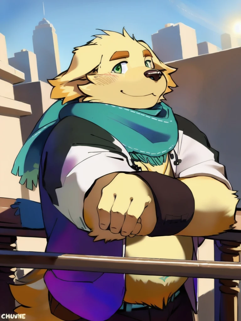 cu sith \(tas\), bird dog, canid, canine, canis, domestic dog, golden retriever, hunting dog, mammal, retriever, anthro, city, clothing, floppy ears, fur, green eyes, hoodie, male, scarf, slightly chubby, solo, topwear, wristband, yellow body, yellow fur, arms over balcony, pondering, looking at sky, leaning towards balcony, clear sky, sun ray, on top of a building, arms on railing, arms holding head, bending arms,  facing away from viewer, angled view, face pov, face focus, close-up, headshot portrait, holding human  by chunie, by null-ghost, by darkgem, 
