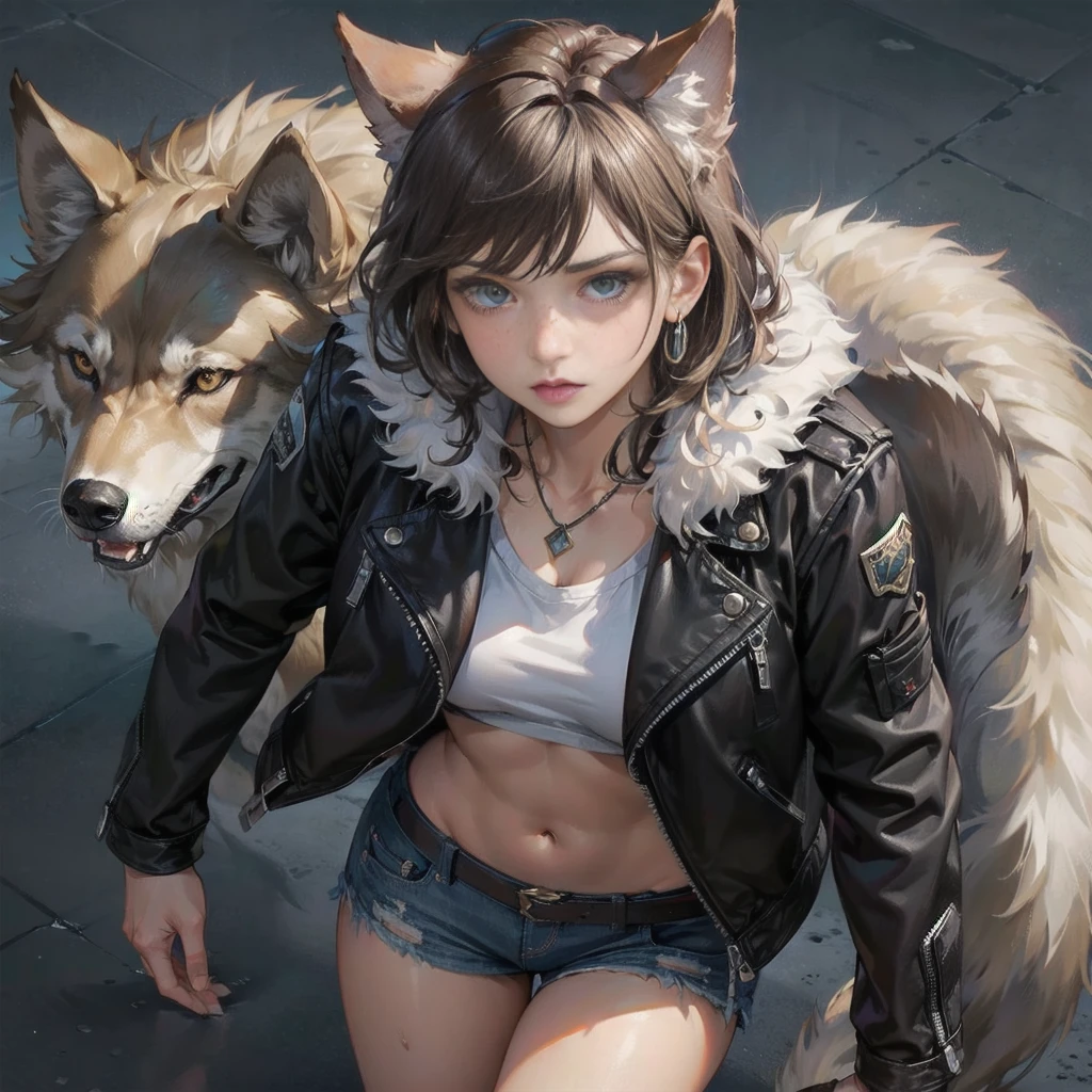 A fantasy Wasteland battles hand-in-hand through a wasteland full of pitfalls. The camera zooms in on the girl, capturing her determination. The cool girl, with wolf ears,wolf tail,  wears thin leather armor and dark cloak. As the zoom progresses, the focus shifts to her hands, highlighting the worn and weathered textures that symbolize her journey and the hardships she has endured. This message is realized in a mixed-media sculptural style, combining elements of metalwork and textile art to represent the characters and their resilience in three-dimensional form.