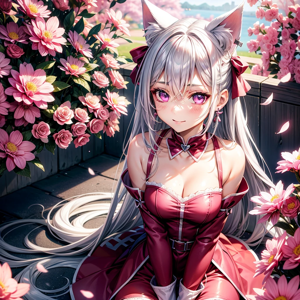 Silver hair, pink eyes, body, cat ears, sexy girl, earrings, flower sky background, pink red uniform, hair bows, sit down, happy face