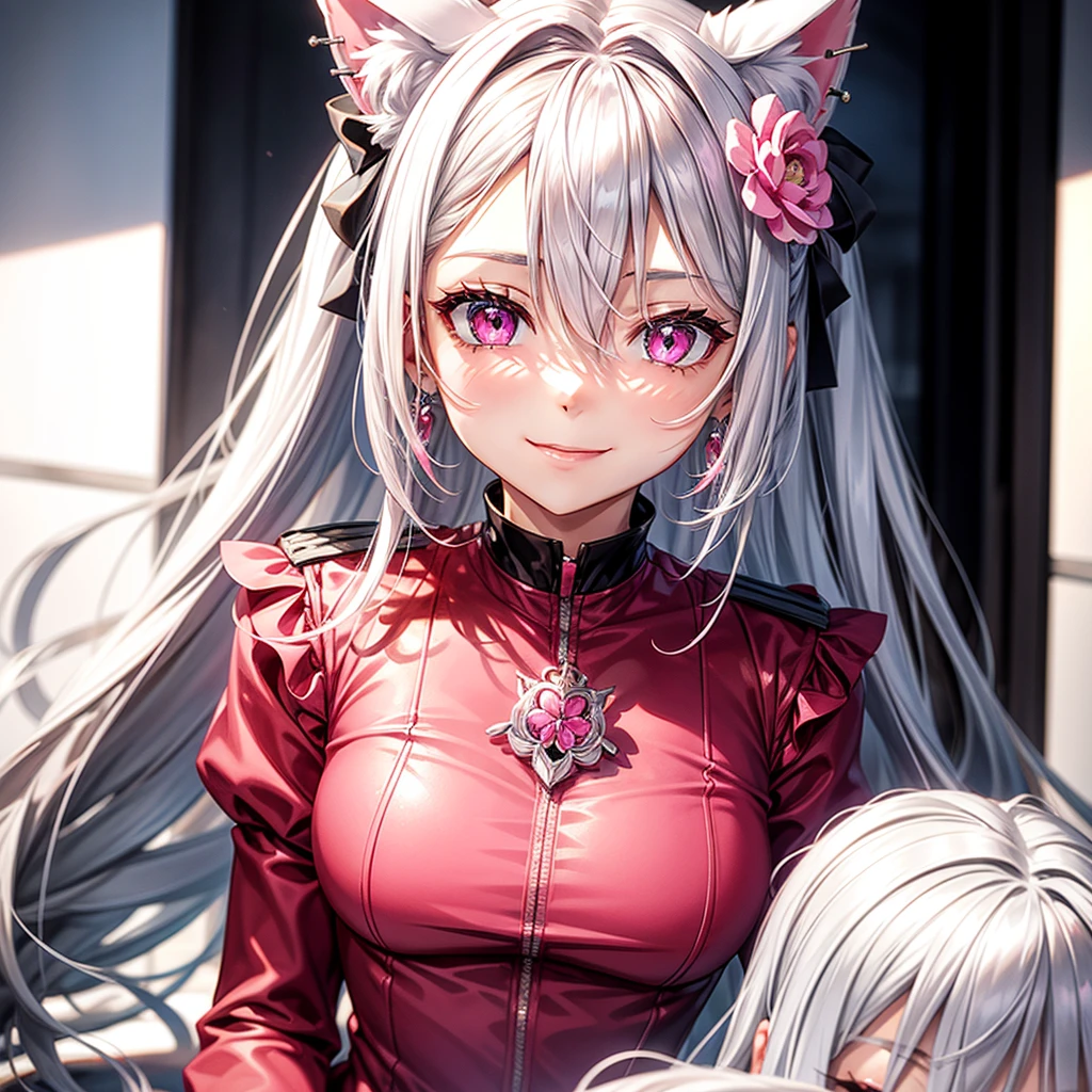 Silver hair, pink eyes, body, cat ears, sexy girl, earrings, flower sky background, pink red uniform, hair bows, sit down, happy face