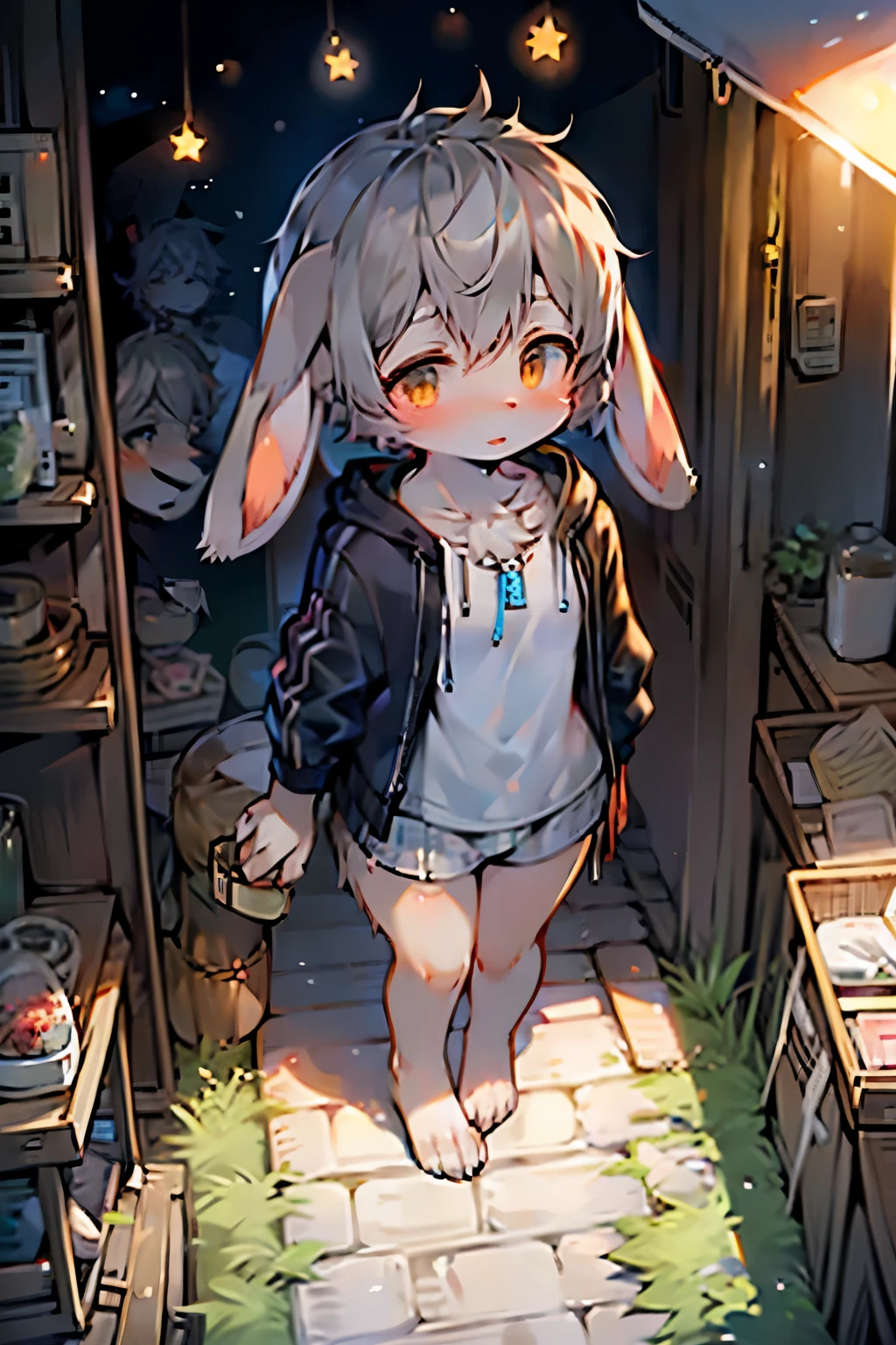 Bunny Girl,Rabbit with long ears,Furry women,Characteristics of three-year-old girls,Gray hair,Short stature,Summer short sleeves with jacket,Short skirt,