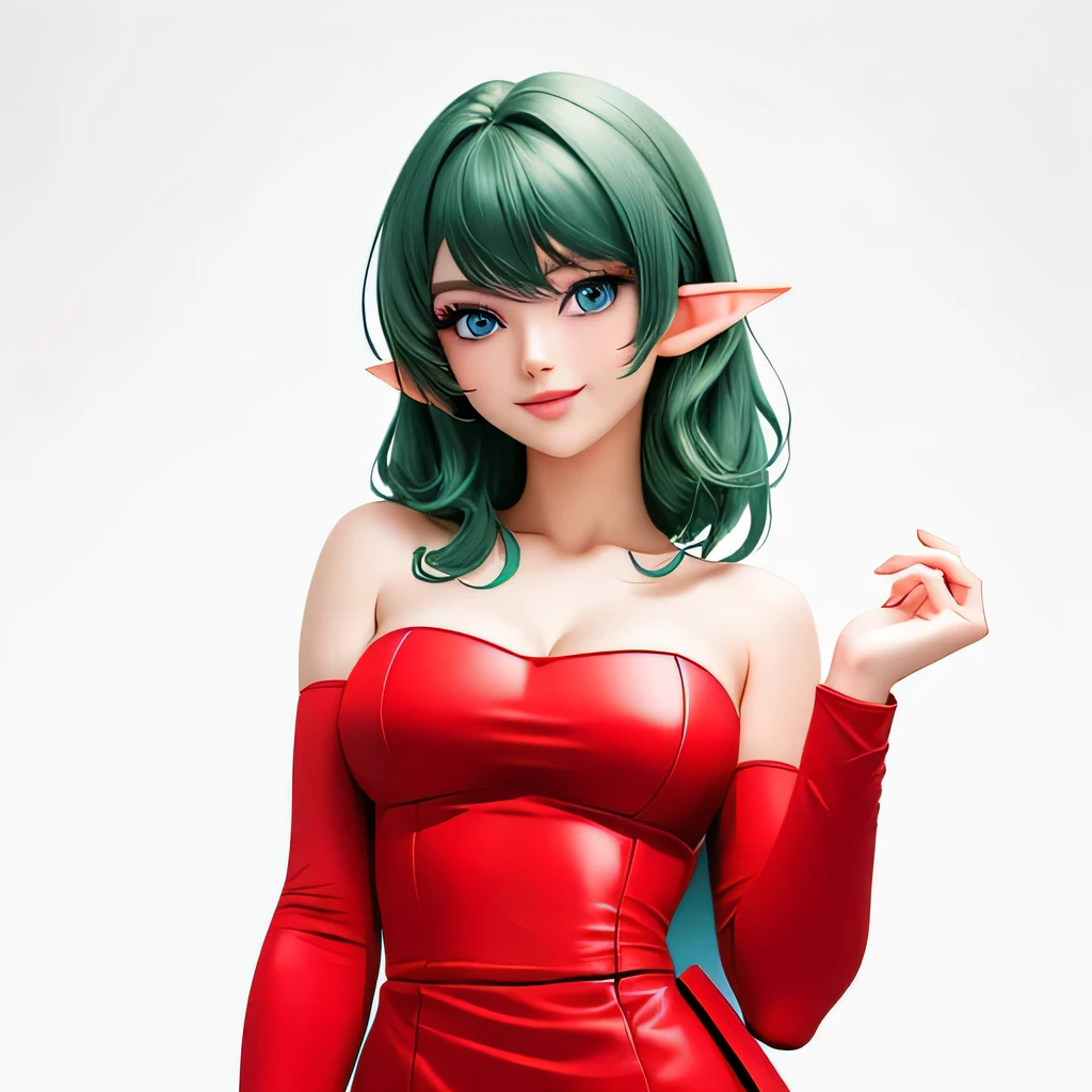  (masterpiece,best quality,Very delicate,Perfect Face,16k,high resolution,very beautiful girl),Medium short deep green hair:1.2, Red strapless bodycon tube dress ,Red long arm sleeves,Elf Girl,((large Breasts)),blue eyes,Beautiful smile,20 years old,hands on own breast