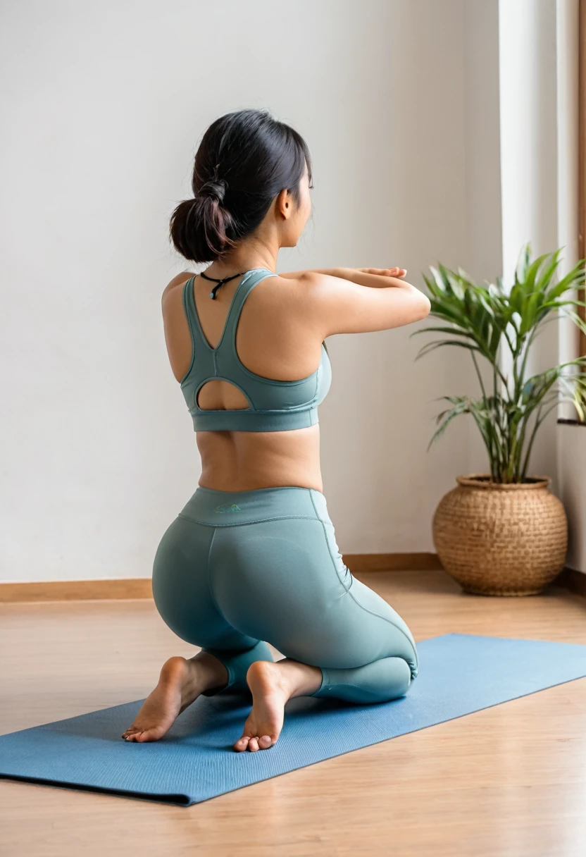 (from behind 1.5) ((rear view)) a young asian woman doing the yoga position "extended puppy"