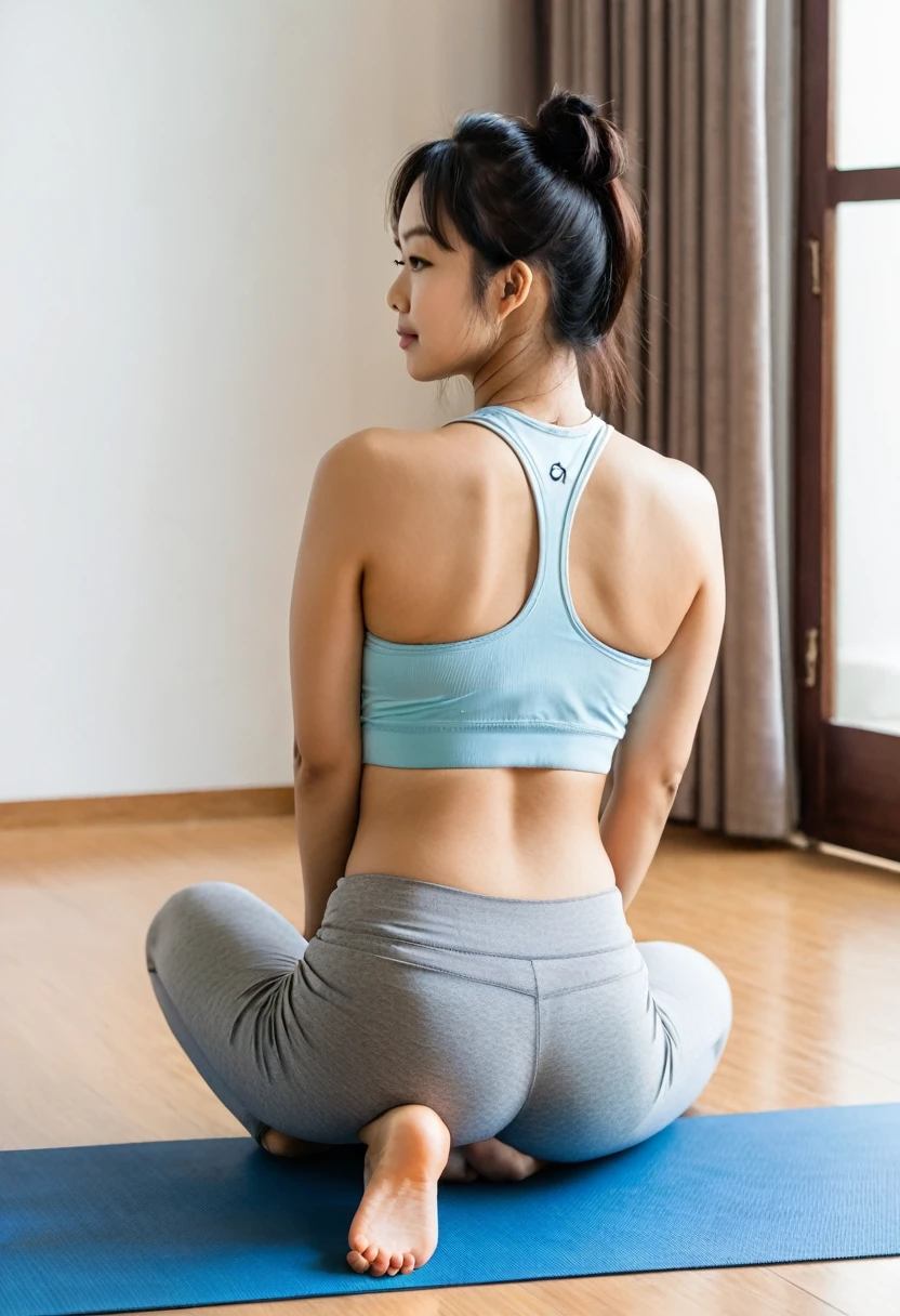 (from behind 1.5) ((rear view)) a young asian woman doing the yoga position "extended dog" 