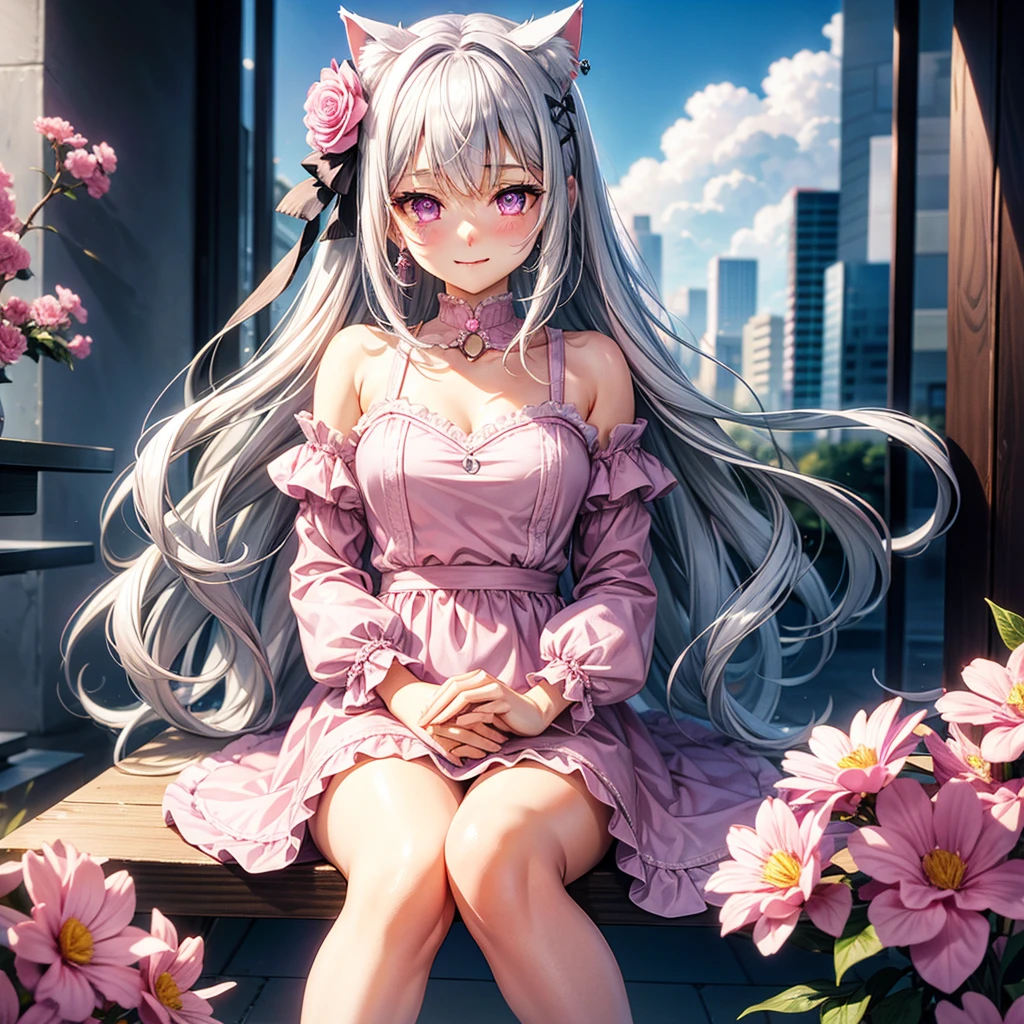 Silver hair, pink eyes, body, cat ears, sexy girl, earrings, flower sky background,pink blue uniform, hair bows, sit down, happy face