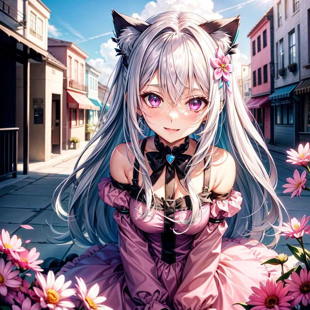 Silver hair, pink eyes, body, cat ears, sexy girl, earrings, flower sky background,pink blue uniform, hair bows, sit down, happy face