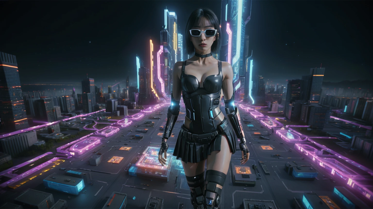 Cyberpunk female plagiarist immersed in digital theft, neon-lit alias within a vast online labyrinth, grotesque grunge brushing into surrealism, illuminated by kaleidoscopic volumetric light, a detailed masterpiece reminiscent of Moebius' distinctive style, deep focus, heightened depth field, psychedelic undertones amplified in a cinematic shot, (((((aerial view of cyberpunk city at night))))), (((((1girl, solo, alone))))), photo realistic, (((((large-breast:1.4 slim body, cleavage:1.4))))), (((off broken mini sling-shirt and black sling bra, (((extreamly short white pleated miniskirt, micro panty)))))), (((((running pose))))), (((((((matrix style black micro sunglasses))))))), ((((((((((aiming with a short gun)))))))))), (((((looking at camera))))), (((very low view))), (((((half-body thigh level medium shot))))), (((cinematic lighting))).