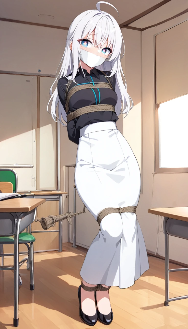 score_9, score_8_up, source_anime, 1girl,white hair, young, long hair, green glasses, perfect eyes, innocent, blue eyes,full body ,ahoge, solo, colored tips, white hair, high-waist skirt, long skirt, white skirt, black shirt, long sleeves, standing, indoors, (bound with an excessive amount of ropes), (bound wirsts), (arms behind back), (tapegag, tape gag), dramatic,  (looking at viewer), (detailed pupils:1.3),ahoge,pencil skirt, classroom 