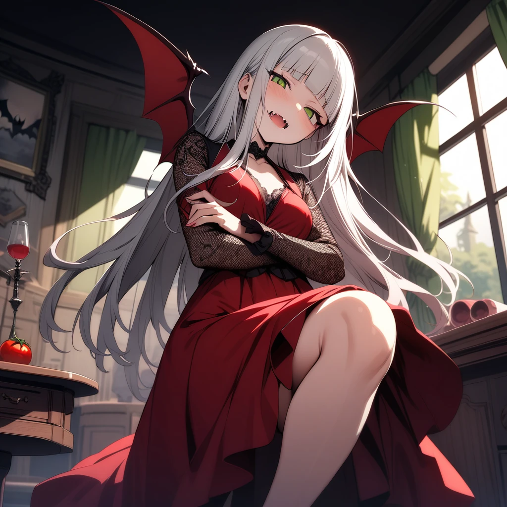 (masterpiece),(best quality),very aesthetic,(ultra-detailed),(illustration),(degenerate),very aesthetic,1girl,16yo,slender,long hair,silver hair,straight hair,disheveled hair,(blunt bangs),red alluring eyes,sleepy,half closed eyes,condescending look,open mouth,grin,An elegant and sophisticated outfit perfect for a party, featuring a dark red long dress with lace accents sleeves,ecstasy,happy,inroom,standing,standing on one leg,head tilt,crossed arms,daytime,Lascivious atmosphere,fantastic atmosphere,Sunlight shining through the window,forest landscape,curtains flutter in the wind,Toxic green colored lace thong,Old furnishings,dusty room,cowboy shot,looking at viewer,fangs, vampire, tomato juice glass, dark fantasy, bat,bat's wings,from below