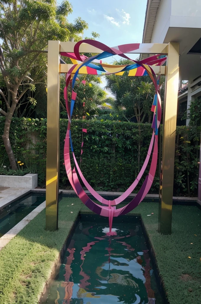 Abstract sculpture of several ribbons, tinggi 8m  lebar 3m,  warna emas glossy, shape symbolizes love for family, background of garden pool and buildings 2