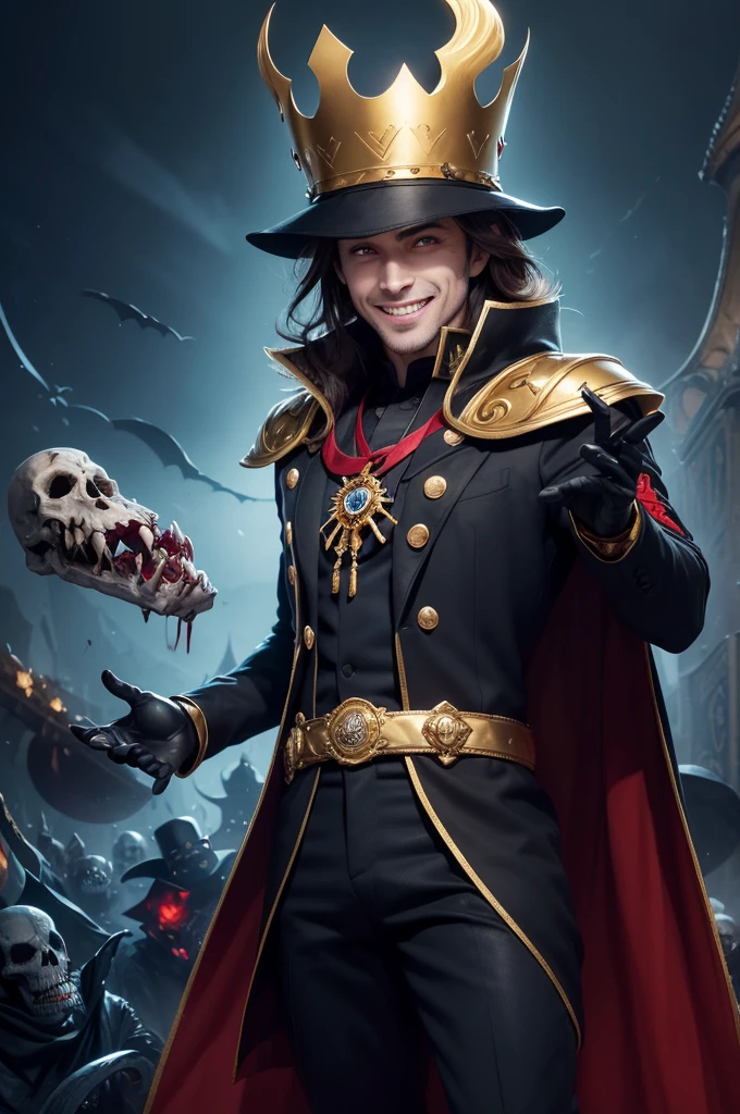 Create an image of a man with vampire teeth smiling, with a black hat and a golden crown on top, with a royal robe like cape and light blue shirt and dark blue pants, red boots pharaoh belt, black gloves with a red ring on the right index finger, fair skin brown hair brown eyes, with a bloodthirsty villain pose against a frightening backdrop of skulls and skeletons