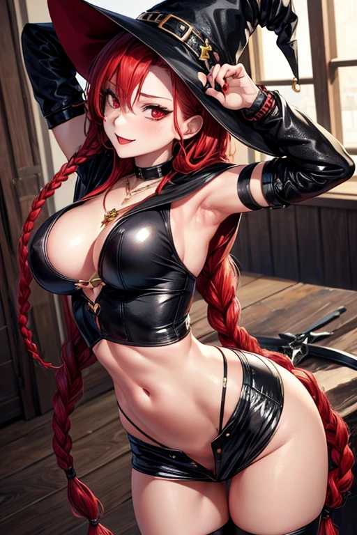 Draw a unique female character in anime style with red hair with root braids.  thin red eyebrows, red eyes, smile on the face, black lipstick, some with black nail polish.  Her breasts are small, firm and perky.  her waist is slim and sexy.  The ass is big and perky, the body is hot and athletic.  She wears a max necklace with a red pendant.  She is wearing a sexy black witch costume in very provocative positions showing her hot ass.  costume party atmosphere.  view of the back from bottom to top.  she is wearing very tight and sexy black shorts showing her ass to the viewer.  position on your back with your butt raised.  room decorated with a witch theme.