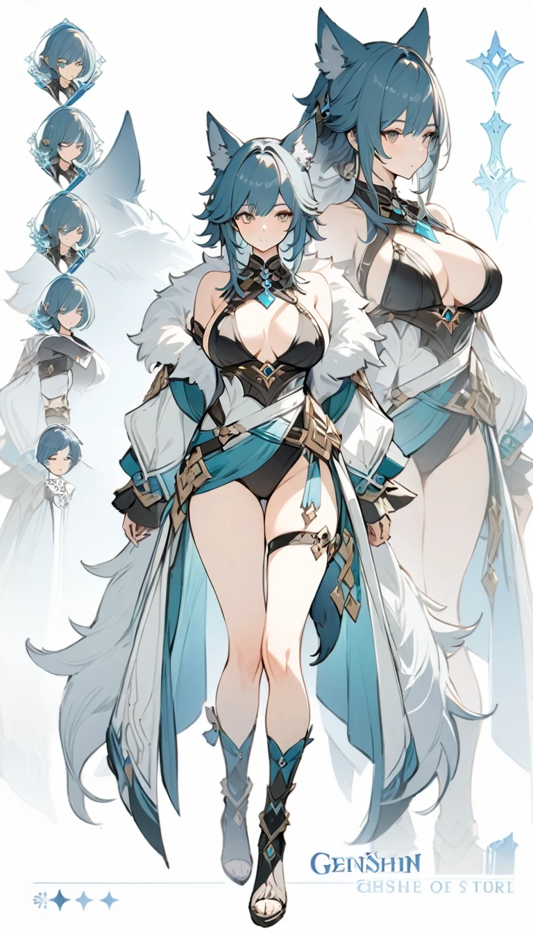 ((masterpiece)), ((best quality)), ((high resolution)), full body, standing, white backgroun, fantasy, genshin clothes, genshin outfit, fantasy theme, large breast, fur mantle, bare shoulders, character sheet, standing, wolf tail, wolf ears, bikini,