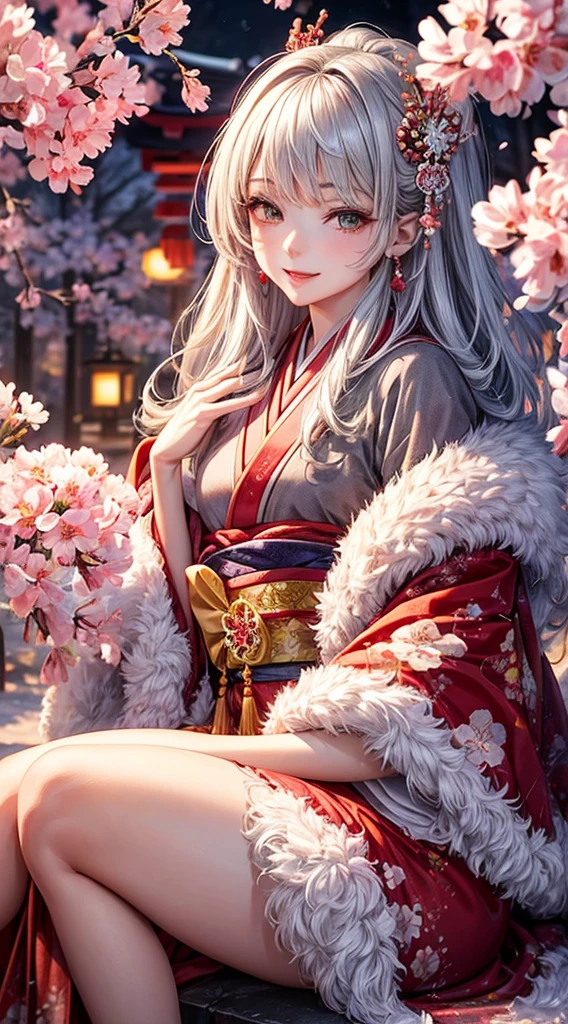 Very detailed CG unity 8k wallpaper., A cute girl, mature gray haired girl, Half update,beautiful girl, hot young woman, Pale skin (The ultimate masterpiece, beautiful person, well detailed face polluted smilee,   A flat chest is hidden by a kimono.、realistic, Too realistic), Colorful winter kimono in red and pink. 、has white fur、 Wear white gloves.,Japanese style hair accessories,  (light)、smile,upper body 、Japanese background with pink flowers and chrysanthemums