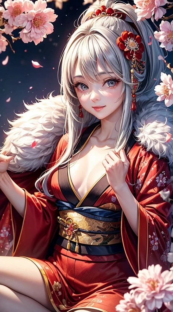 (masterpiece,   best quality  :1.2),  1 woman,   alone, Snake monster,   Korean girl with red hair, Hanbok,  White hair, Joseon dynasty houses, (  huge boobs   :1.4),  Red eyes , lamplight ,   long haired  , 검은색 Hanbok, Snake eyes,  fangs