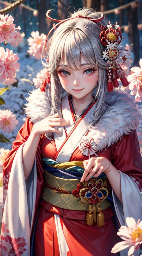 Very detailed CG unity 8k wallpaper., A cute girl, mature gray haired girl, Half update,beautiful girl, hot young woman, Pale skin (The ultimate masterpiece, beautiful person, well detailed face polluted smilee, A flat chest is hidden by a kimono.、realistic, Too realistic), Colorful winter kimono in red and pink. 、has white fur、 Wear white gloves.,Japanese style hair accessories, (light)、smile,upper body 、Japanese background with pink flowers and chrysanthemums