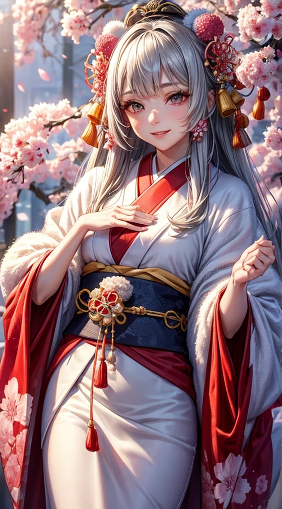Very detailed CG unity 8k wallpaper., A cute girl, mature gray haired girl, Half update,beautiful girl, hot young woman, Pale skin (The ultimate masterpiece, beautiful person, well detailed face polluted smilee, A flat chest is hidden by a kimono.、realistic, Too realistic), Colorful winter kimono in red and pink. 、has white fur、 Wear white gloves.,Japanese style hair accessories, (light)、smile,upper body 、Japanese background with pink flowers and chrysanthemums