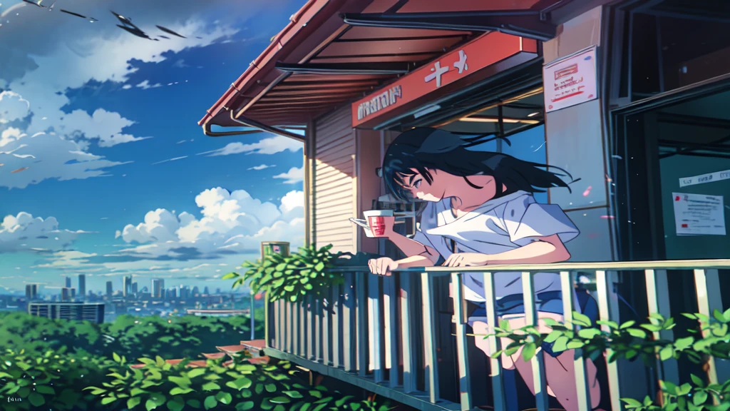 a girl standing on a balcony with a cup of coffee, cgsociety 9, chillhop, alena aenami and artgerm, makoto shinkai and artgerm, lofi girl aesthetic, anime scenery, makoto shinkai and (cain kuga), lofi aesthetic, anime landscape, anime nature, roof background, anime wallaper