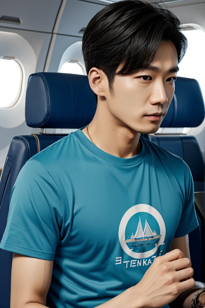 Korean air plane, a men wearing korea t-shirt watching plane