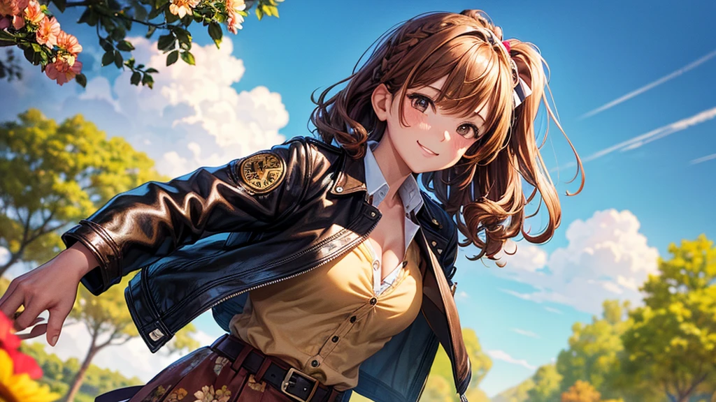 1girl, solo, summer, village, trees, sun, clouds, ((colorful hair)), curly hair, ponytail, large full breasts, ((brown leather jacket)), button down shirt, ((white shirt)), ((short sleeved shirt)), ((unbuttoned shirt)), unbuttoning buttons, cleavage 1:3, brown eyes, skirt, smile, looking at the viewer, standing, hair ribbon, golden necklate