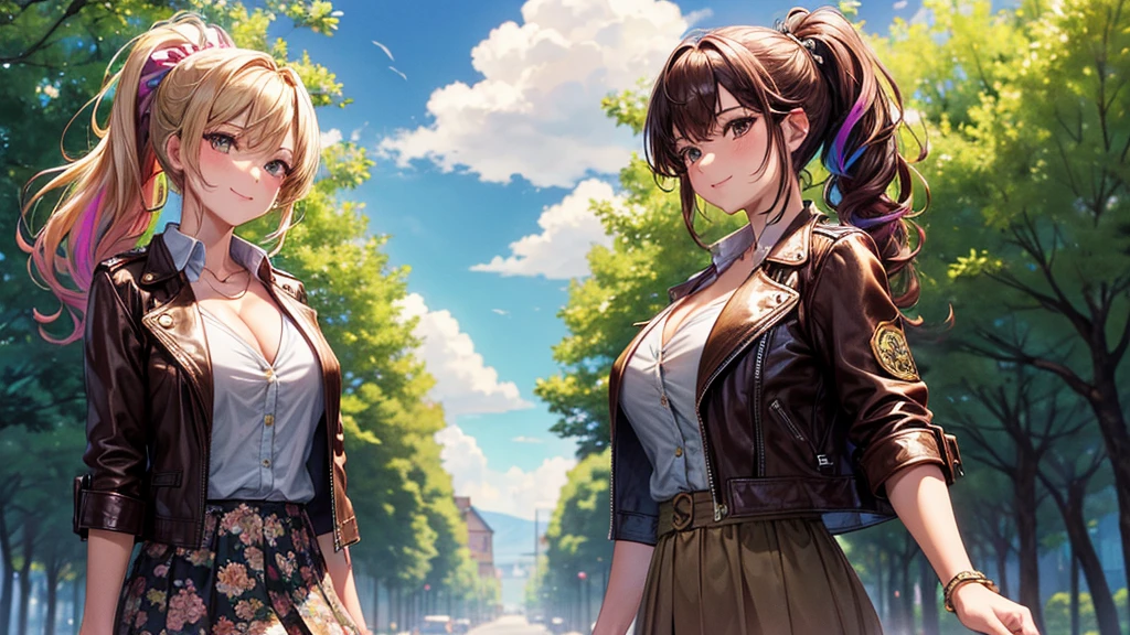 1girl, solo, summer, village, trees, sun, clouds, ((colorful hair)), curly hair, ponytail, large full breasts, ((brown leather jacket)), button down shirt, ((floral pattern shirt)), ((short sleeved shirt)), ((unbuttoned shirt)), unbuttoning buttons, cleavage 1:3, brown eyes, skirt, smile, looking at the viewer, standing, hair ribbon, golden necklate