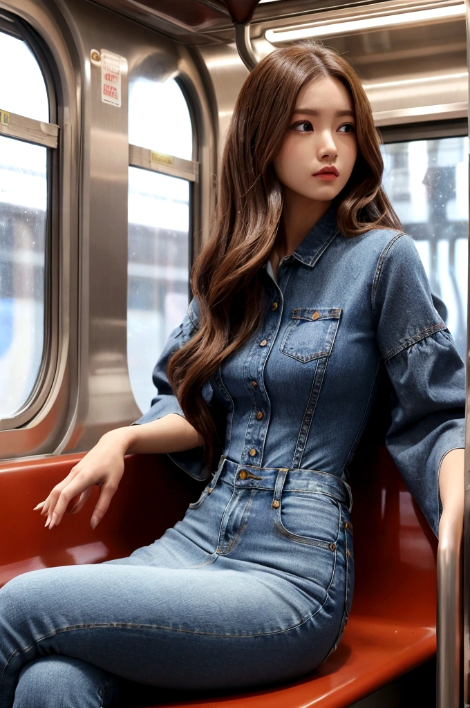 1woman, idol, long hair, brown hair, on the train, volume sleeve dress, jeans,