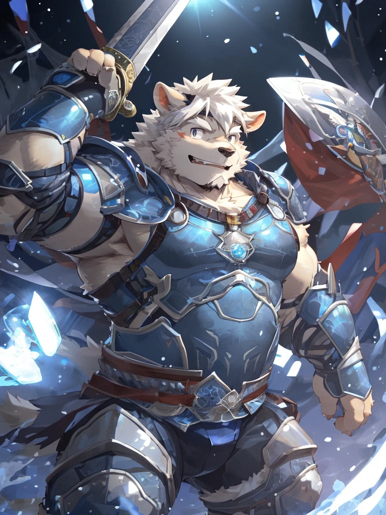 anthro, kemono, male, solo, ((oval face, very handsome face, thick beard)), ((endomorph body type, old-aged)), (high quality, highres, masterpiece), (dynamic lighting, vivid color), (generous smile), cartoon, (((a furry sheep))), (((white fur))), (((shoulder long silky white hair))), (((handsome, slim fit, small face, ikemen))), paladin, (((white sheep))), ((dark blue armor)), full body, tall, (((white smooth hair))), sword and shield, mature, dad, full armor, by zixiong, by takemoto arashi, by zixiong, (by null-ghost:0.8), (by t.y.stars:0.4)