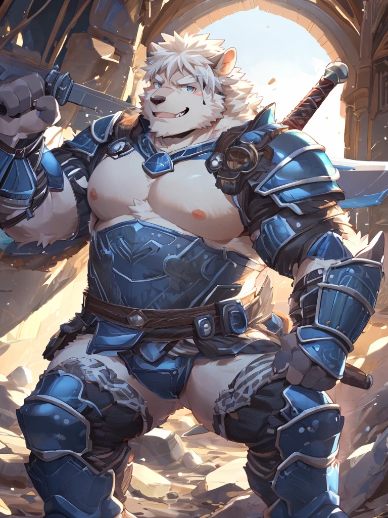 anthro, kemono, male, solo, ((oval face, very handsome face, thick beard)), ((endomorph body type, old-aged)), (high quality, highres, masterpiece), (dynamic lighting, vivid color), (generous smile), cartoon, (((a furry sheep))), (((white fur))), (((shoulder long silky white hair))), (((handsome, slim fit, small face, ikemen))), paladin, (((white sheep))), ((dark blue armor)), full body, tall, (((white smooth hair))), sword and shield, mature, dad, full armor, by zixiong, by takemoto arashi, by zixiong, (by null-ghost:0.8), (by t.y.stars:0.4)