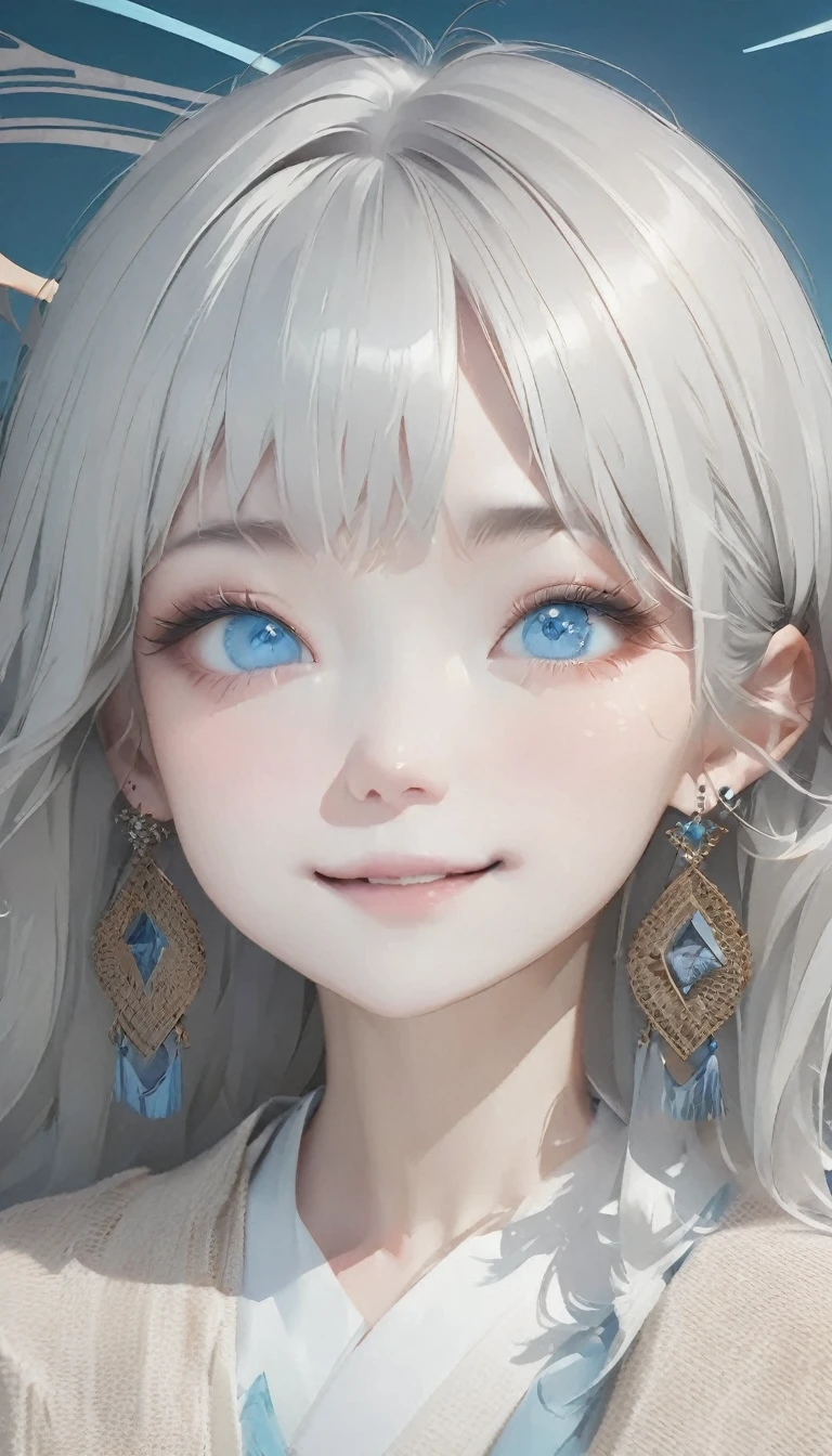 quality\(8K,非常に精細なCGユニットのwallpaper, masterpiece,High resolution,top-quality,top-quality real texture skin,Surreal,Increase the resolution,RAW Photos,最高quality,Very detailed,wallpaper\),BREAK、Minimalist，Stylish girl，Gray Hair，Blue background，Wear special earrings，Bohemian style，Defined eyelashes，Bright Blue Eyes，clean通透的眼珠，close，Smiling face flat illustration，geometry，clean，Japanese Manga